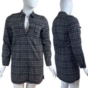 Kenneth Cole Women Size 14 Gray Plaid Cotton Shirt Mini Dress Roll Sleeve Tunic